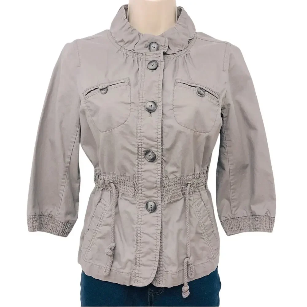 Ann Taylor Loft Gray Utility Cargo Jacket Multiple Pockets Adjustable Tie Waist